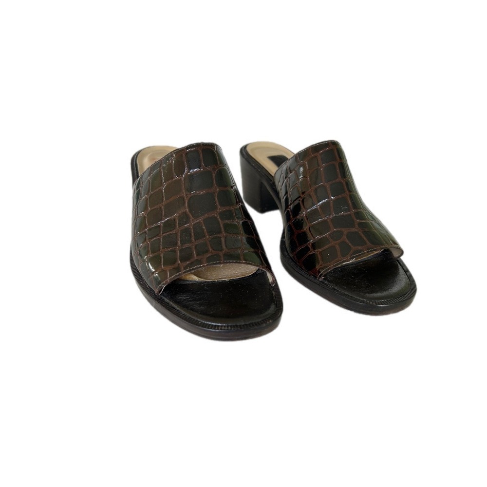 Vintage Y2K Brown Moc Croc Leather Shoes Block Heel Mules Size 7.5 Old Money